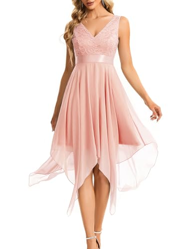 Ever-Pretty Damen Ärmellose V-Ausschnitt Empire A-Linie Spitze Chiffon Knielang Partykleider Cocktailkleider mit Unregelmäßig Saum Rosa 40EU von Ever-Pretty
