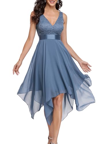 Ever-Pretty Damen Ärmellose V-Ausschnitt Empire A-Linie Spitze Chiffon Knielang Partykleider Cocktailkleider mit Unregelmäßig Saum Staubige Marine 56EU von Ever-Pretty
