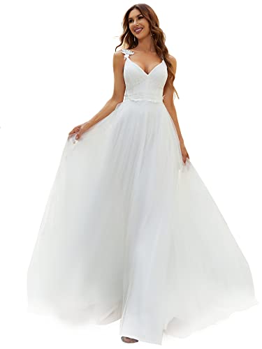 Ever-Pretty Damen Ärmellose V-Ausschnitt Empire Taille A Linie Spitze Chiffon Bodenlangen Hochzeitskleider für Braut Weiß 46EU von Ever-Pretty