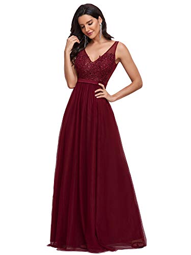 Ever-Pretty Damen Abendkleid A-Linie Hohe Taille Stickerei tüll V Ausschnitt lang Burgund 42 von Ever-Pretty