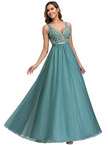 Ever-Pretty Damen Abendkleid A-Linie Hohe Taille Stickerei tüll V Ausschnitt lang Dunkles Himmelblau 46 von Ever-Pretty