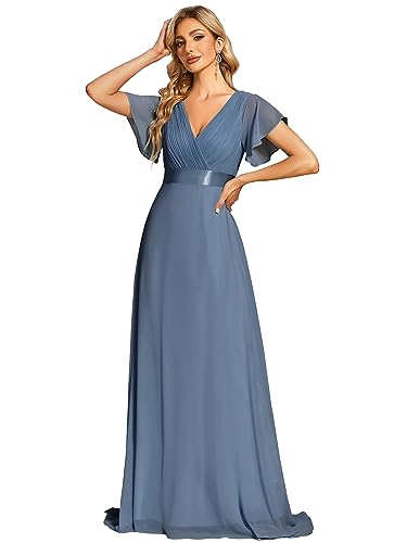 Ever-Pretty Damen Abendkleid Frau A-Linie Chiffon Brautjungfernkleid V Ausschnitt Hochzeit Bodenlang Staubige Marine 56 von Ever-Pretty