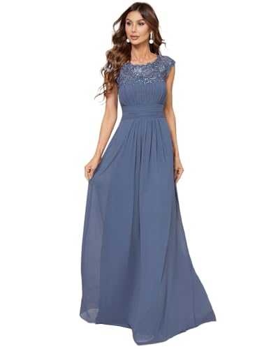 Ever-Pretty Damen Abendkleid A-Linie Spitze Chiffon Rundkragen Kurze Ärmel Hohe Taille Staubige Marine 36 von Ever-Pretty
