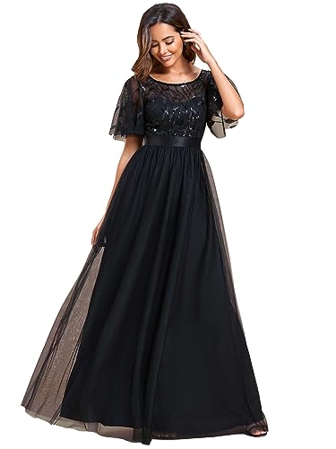 Ever-Pretty Damen Abendkleid A-Linie Spitze Kurze Ärmel Partykleid Lang Schwarz 40 von Ever-Pretty