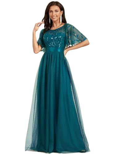 Ever-Pretty Damen Abendkleid A-Linie Spitze Kurze Ärmel Partykleid lang Blaugrün 46 von Ever-Pretty