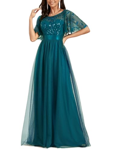 Ever-Pretty Damen Abendkleid A-Linie Spitze Kurze Ärmel Partykleid lang Blaugrün 54 von Ever-Pretty