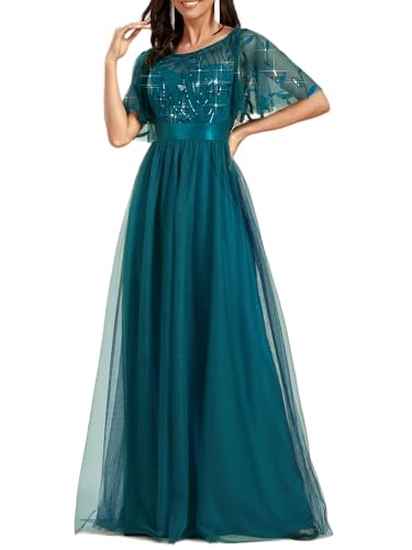 Ever-Pretty Damen Abendkleid A-Linie Spitze Kurze Ärmel Partykleid lang Blaugrün 58 von Ever-Pretty