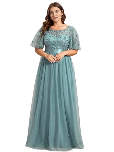 Ever-Pretty Damen Abendkleid A-Linie Spitze Kurze Ärmel Partykleid lang Dunkles Himmelblau 36 von Ever-Pretty