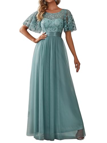 Ever-Pretty Damen Abendkleid A-Linie Spitze Kurze Ärmel Partykleid lang Dunkles Himmelblau 38 von Ever-Pretty