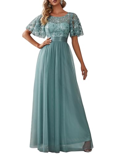 Ever-Pretty Damen Abendkleid A-Linie Spitze Kurze Ärmel Partykleid lang Dunkles Himmelblau 54 von Ever-Pretty