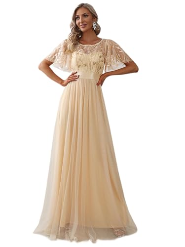 Ever-Pretty Damen Abendkleid A-Linie Spitze Kurze Ärmel Partykleid lang Gold 38 von Ever-Pretty