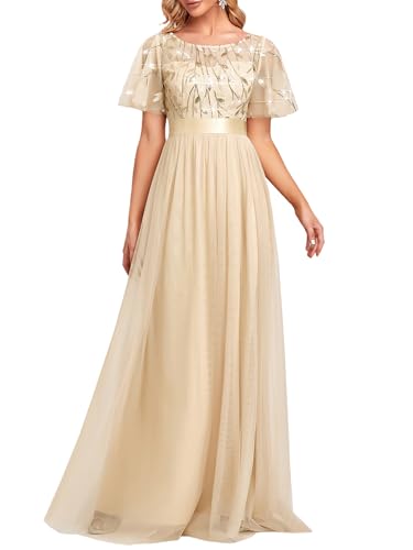 Ever-Pretty Damen Abendkleid A-Linie Spitze Kurze Ärmel Partykleid lang Gold 46 von Ever-Pretty