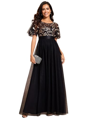 Ever-Pretty Damen Abendkleid A-Linie Spitze Kurze Ärmel Partykleid lang Gold Schwarz 38 von Ever-Pretty