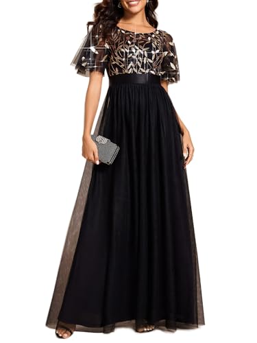 Ever-Pretty Damen Abendkleid A-Linie Spitze Kurze Ärmel Partykleid lang Gold Schwarz 58 von Ever-Pretty