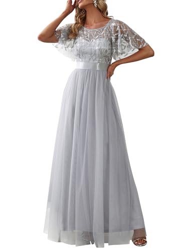 Ever-Pretty Damen Abendkleid A-Linie Spitze Kurze Ärmel Partykleid lang Grau 36 von Ever-Pretty
