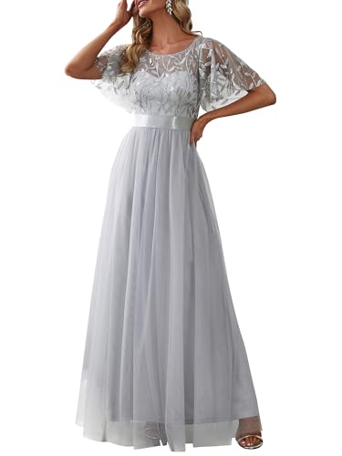 Ever-Pretty Damen Abendkleid A-Linie Spitze Kurze Ärmel Partykleid lang Grau 44 von Ever-Pretty