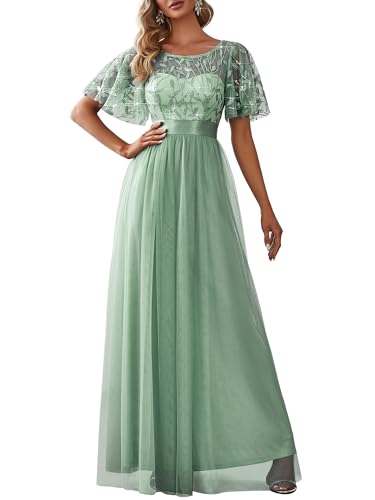 Ever-Pretty Damen Abendkleid A-Linie Spitze Kurze Ärmel Partykleid lang Minzgrün 48 von Ever-Pretty
