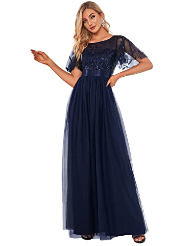 Ever-Pretty Damen Abendkleid A-Linie Spitze Kurze Ärmel Partykleid lang Navy blau 36 von Ever-Pretty