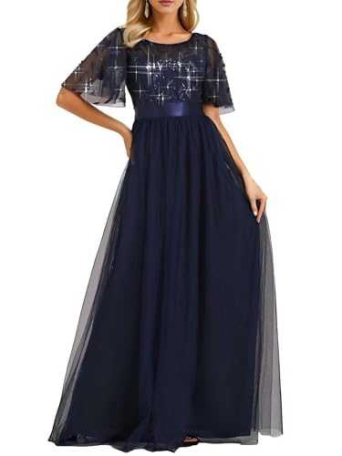 Ever-Pretty Damen Abendkleid A-Linie Spitze Kurze Ärmel Partykleid lang Navy blau 40 von Ever-Pretty