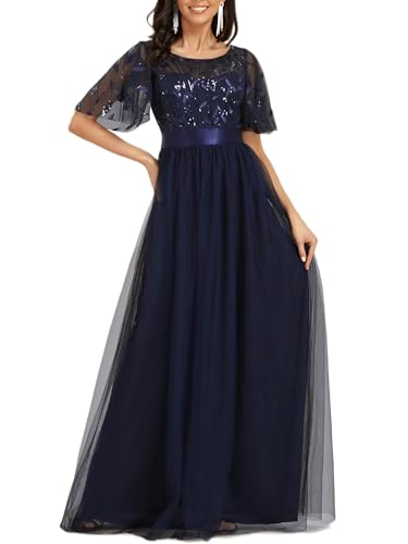 Ever-Pretty Damen Abendkleid A-Linie Spitze Kurze Ärmel Partykleid lang Navy blau 46 von Ever-Pretty