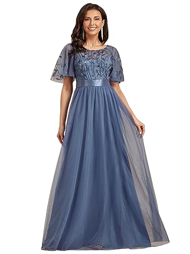 Ever-Pretty Damen Abendkleid A-Linie Spitze Kurze Ärmel Partykleid lang Staubige Marine 52 von Ever-Pretty