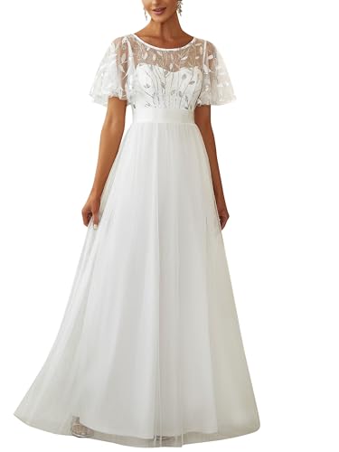 Ever-Pretty Damen Abendkleid A-Linie Spitze Kurze Ärmel Partykleid lang Weiß 36 von Ever-Pretty