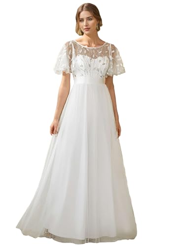 Ever-Pretty Damen Abendkleid A-Linie Spitze Kurze Ärmel Partykleid lang Weiß 38 von Ever-Pretty