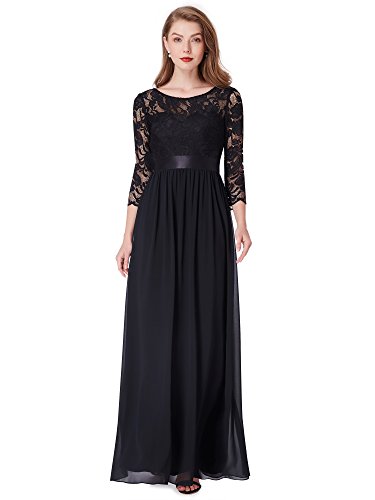 Ever-Pretty Damen Abendkleid A-Linie Spitze Rundkragen Lange Ärmel Spitzenkleid lang Schwarz 56 von Ever-Pretty