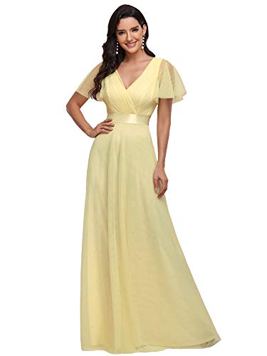 Ever-Pretty Damen Abendkleid A-Linie Tüll Brautjungfer Partykleid Kurze Ärmel Lang Gelb 36EU von Ever-Pretty