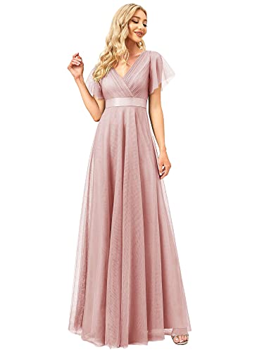 Ever-Pretty Damen Abendkleid A-Linie Tüll Brautjungfer Partykleid Kurze Ärmel Lang Rosa 36EU von Ever-Pretty