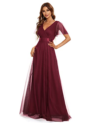 Ever-Pretty Damen Abendkleid A-Linie Tüll Brautjungfer Partykleid Kurze Ärmel lang Burgund 38 von Ever-Pretty