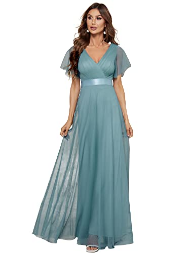 Ever-Pretty Damen Abendkleid A-Linie Tüll Brautjungfer Partykleid Kurze Ärmel lang Dunkles Himmelblau 48 von Ever-Pretty