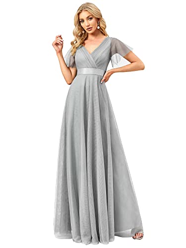 Ever-Pretty Damen Abendkleid A-Linie Tüll Brautjungfer Partykleid Kurze Ärmel lang Grau 48 von Ever-Pretty