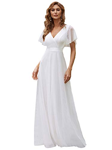 Ever-Pretty Damen Abendkleid A-Linie Tüll Brautjungfer Partykleid Kurze Ärmel lang Weiß 52 von Ever-Pretty