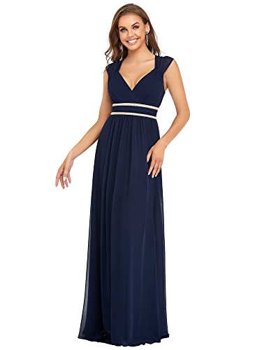 Ever-Pretty Damen Abendkleid A-Linie V Ausschnitt Ärmellos Brautjungfer Rückenfrei Bodenlang Navy Blau 44EU von Ever-Pretty