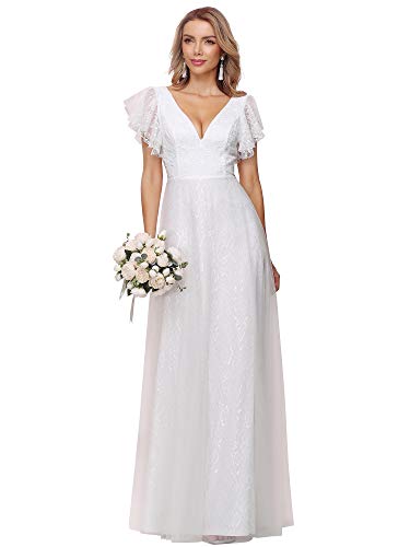Ever-Pretty Damen Abendkleid A-Linie V Ausschnitt Kurze Ärmel Brautjungfernkleid Spitze lang Weiß 56 von Ever-Pretty