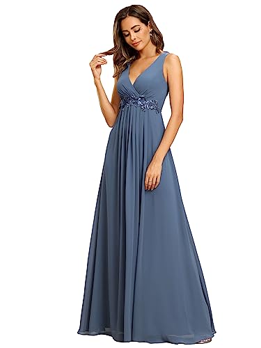 Ever-Pretty Damen Abendkleid Bodenlang Elegant V-Ausschnitt Ärmellos ChiffonRückenfrei Staubige Marine 46EU von Ever-Pretty