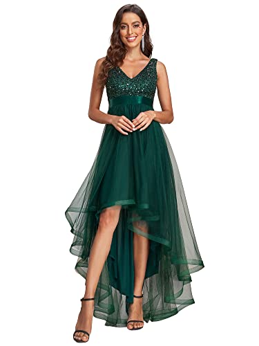 Ever-Pretty Damen Abendkleid Bodenlang Pailletten V-Ausschnitt Ärmellos Tüll Rückenfrei Elegant Dunkelgrün 46EU von Ever-Pretty