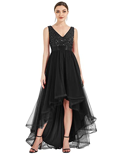 Ever-Pretty Damen Abendkleid Bodenlang Pailletten V-Ausschnitt Ärmellos Tüll Rückenfrei Elegant Schwarz 46EU von Ever-Pretty