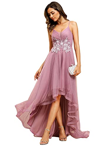 Ever-Pretty Damen Abendkleid Bodenlang Spitze V-Ausschnitt Ärmellos Tüll Rückenfrei Elegant Orchidee 46EU von Ever-Pretty