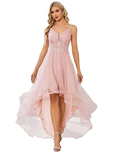 Ever-Pretty Damen Abendkleid Bodenlang Spitze V-Ausschnitt Ärmellos Tüll Rückenfrei Elegant Rosa 46EU von Ever-Pretty