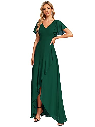 Ever-Pretty Damen Abendkleid Bodenlang V-Ausschnitt Chiffon Kurze Ärmel Rückenfrei Elegant Dunkelgrün 46EU von Ever-Pretty