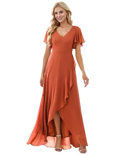 Ever-Pretty Damen Abendkleid Bodenlang V-Ausschnitt Chiffon Kurze Ärmel Rückenfrei Elegant Gebranntes Orange 46EU von Ever-Pretty