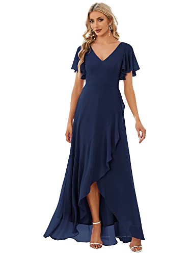 Ever-Pretty Damen Abendkleid Bodenlang V-Ausschnitt Chiffon Kurze Ärmel Rückenfrei Elegant Navy Blau 46EU von Ever-Pretty