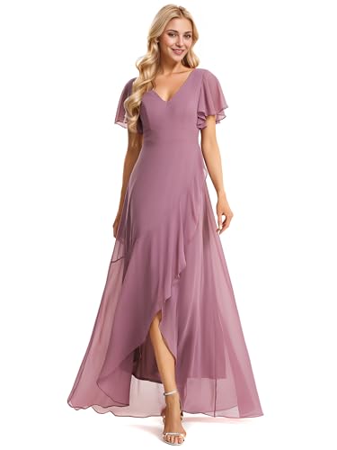 Ever-Pretty Damen Abendkleid Bodenlang V-Ausschnitt Chiffon Kurze Ärmel Rückenfrei Elegant Orchidee 46EU von Ever-Pretty