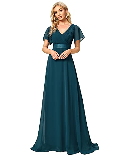 Ever-Pretty Damen Abendkleid Frau A-Linie Chiffon Brautjungfernkleid V Ausschnitt Hochzeit Bodenlang Blaugrün 40 von Ever-Pretty