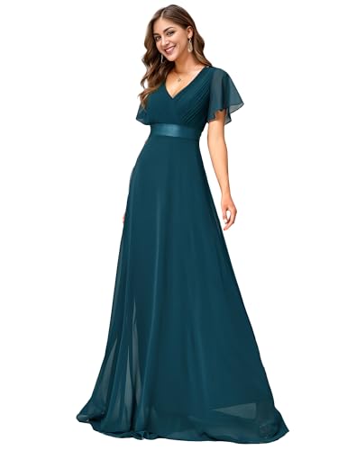 Ever-Pretty Damen Abendkleid Frau A-Linie Chiffon Brautjungfernkleid V Ausschnitt Hochzeit Bodenlang Blaugrün 50 von Ever-Pretty