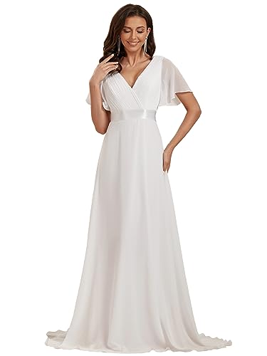 Ever-Pretty Damen Abendkleid Frau A-Linie Chiffon Brautjungfernkleid V Ausschnitt Hochzeit Bodenlang Weiß 38 von Ever-Pretty