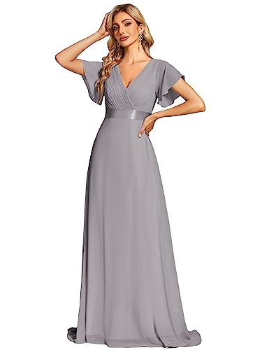 Ever-Pretty Damen Abendkleid Frau A-Linie Chiffon Abschlusskleid V Ausschnitt Hochzeit Bodenlang Grau 58 von Ever-Pretty