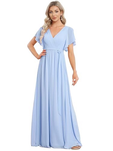 Ever-Pretty Damen Abendkleid Frau A-Linie Chiffon Brautjungfernkleid V Ausschnitt Hochzeit Blaues EIS 38 von Ever-Pretty